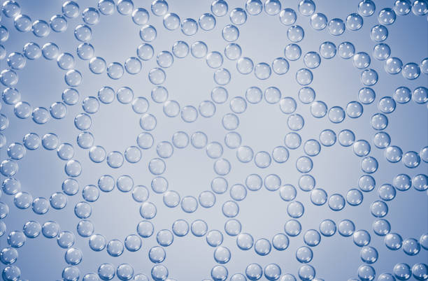 This image showcases an abstract geometric pattern formed by transparent blue glass bubbles on a subtle gradient background, representing cyclic peptides. Great for science and biochemical themes.