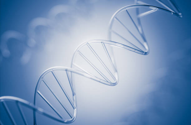 Abstract depiction of a DNA helix on a blue background, symbolizing genetic research, biology, and molecular science. Perfect for concepts related to genetics, healthcare, and biotechnology.