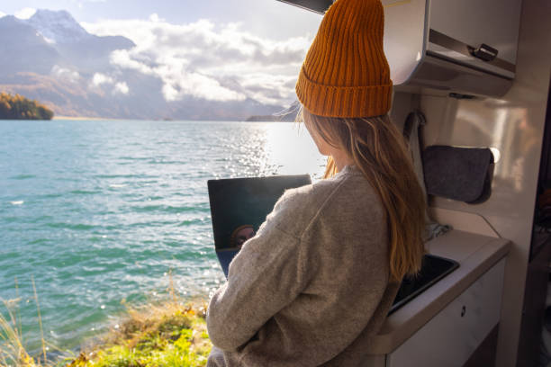 Woman Working on Laptop by Lakeside in Camper Van