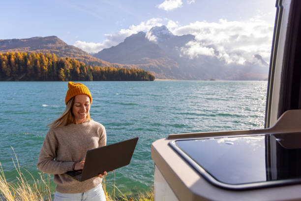 istock Woman Enjoys Remote Work with Lake and Mountain View 2184557989