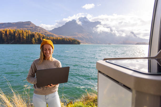 istock Woman Enjoys Remote Work with Lake and Mountain View 2184558000