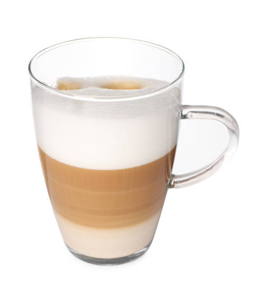 istock Aromatic latte macchiato in glass cup isolated on white 2184569468