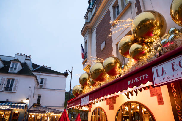 Paris - 7th November 2024, early morning. La Boheme cafe/restaurant in Montmartre is decorated for Christmas. The decorations were finished that morning.