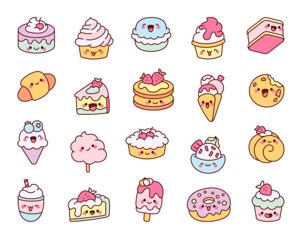 roztomilé kawaii kreslené postavičky ze sladkostí a dezertů s rozkošnými a hravými výrazy pro děti a kreativní designové projekty - sladké jídlo jídlo stock ilustrace