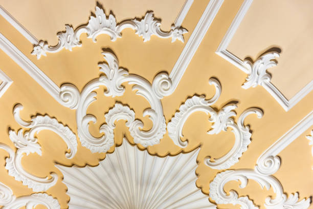 istock White gypsum bas-relief decoration design details with floral pattern 2184573975