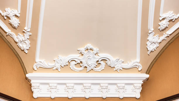 istock White gypsum bas-relief decoration design details with floral pattern 2184574008