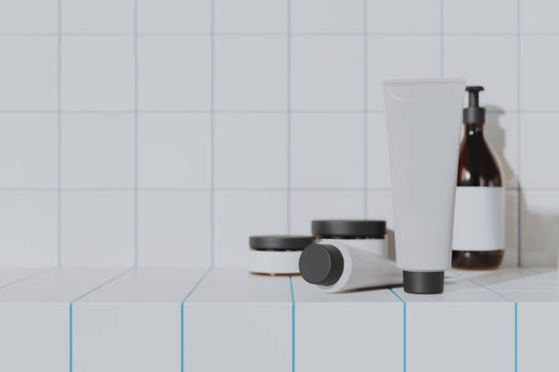 istock Cream tube container mock-up with white tile background, 3d render 2184574327