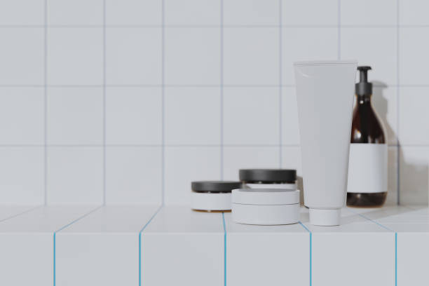 istock Cream jar and tube containers mock-up with white tile background, 3d render 2184574339