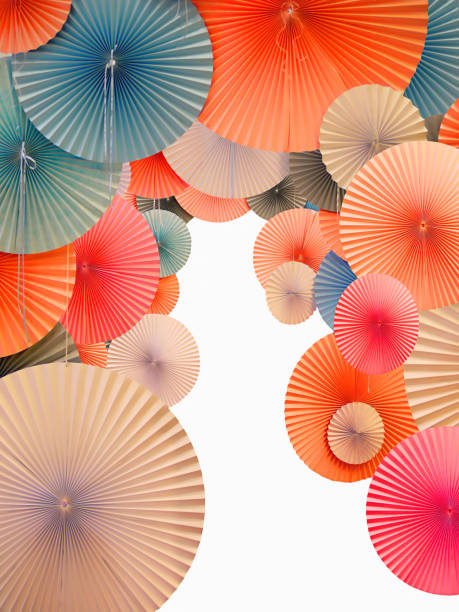 Traditional Asian paper umbrellas with white space