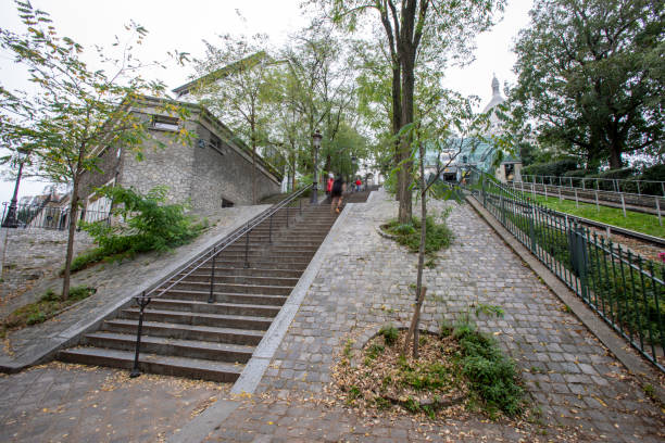 A series of flights of stairs giving access to the top of the hill in Montmatre, Paris.