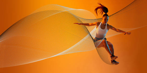 Young athletic woman, runner in motion, jumping, training against orange background with abstract neon wave elements.