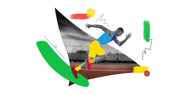 istock Contemporary art collage. Sprinter pushing off, highlighted by bold colors and abstract shapes. Captures speed and power. 2184580669