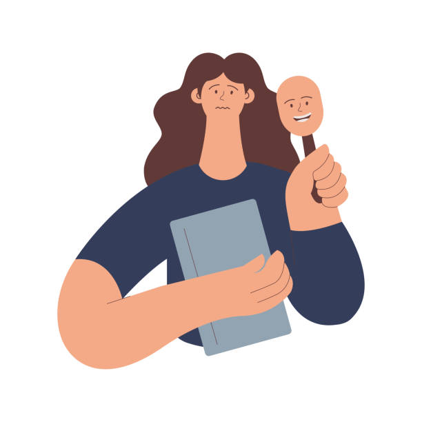 Dissociative identity disorder. Woman feels like a pretender, deceiver hides her face under a mask. Modern flat vector illustration Young woman holding book in one hand and holding mask in other hand. Tragedy mask. dissociative identity disorder stock illustrations