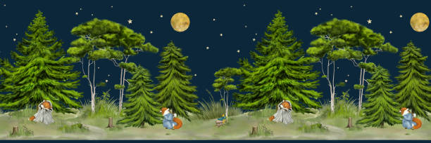 istock Coniferous night forest on a seamless border. Watercolor digital illustration. The fox sleeps under the tree. Pine and fir trees isolated on a white background. Yellow moon and stars in the night sky. 2184582405