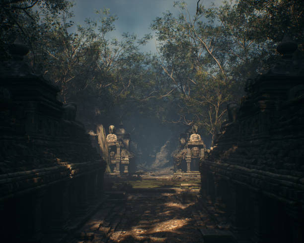istock Ancient temple ruins in a misty remote woodland. 3D render. 2184582551