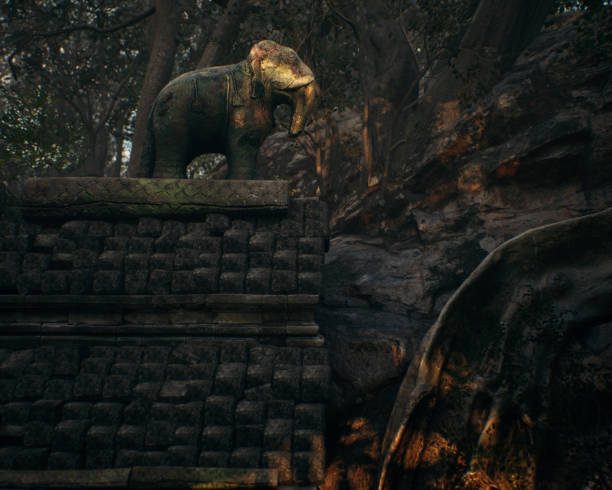 Decorative elephant on wall of an ancient temple in woodland. 3D render.