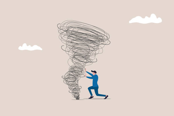 istock Strong business man vector concept. Symbol of strength, courage, power. Businessman push a tornado. business illustration. Businessman pushing huge stone up. problem crisis 2184582667