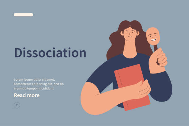 Dissociative identity disorder website concept. Woman feels like a pretender, deceiver hides her face under a mask. Modern flat vector illustration Young woman holding book in one hand and holding mask in other hand. Tragedy mask. Website template. dissociative identity disorder stock illustrations