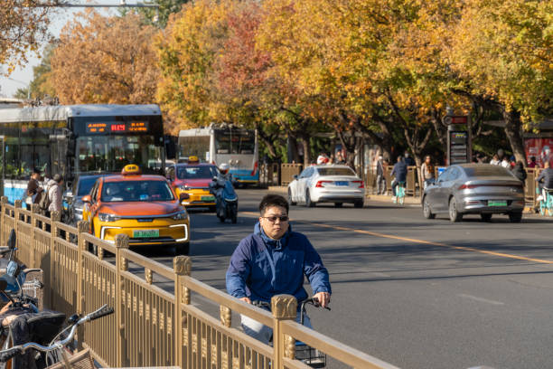Beijing, China. 5 November 2024. Transport in central Beijing with a man on a bike