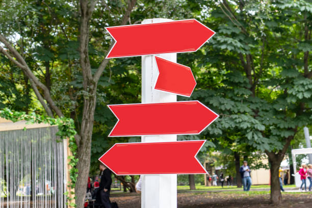 Three Directional Blank Road Sign On Blue Background.\nFor create letter or symbol, business, banner, advertising concept, banner size with copy space