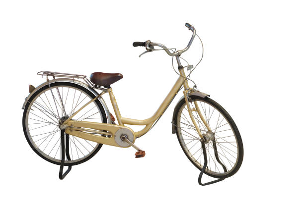 istock side view old yellow and brown and white bicycle on white background, transportation, object, decor, fashion, copy space 2184593563