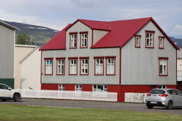 Akureyri, Iceland, Europe, 14 of july 2024. Houses in a small Icelandic town. Tourists in Akureyri. Cruise port.