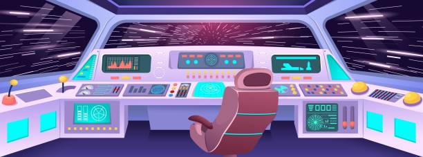 Futuristic spaceship cockpit. Hyper jump view from space station cabin with high tech control panel, pilot seat and cosmic backdrop. Cartoon interstellar travel vector illustration Futuristic spaceship cockpit. Hyper jump view from space station cabin with high tech control panel, pilot seat and cosmic backdrop. Cartoon interstellar travel vector illustration. hyperdrive stock illustrations