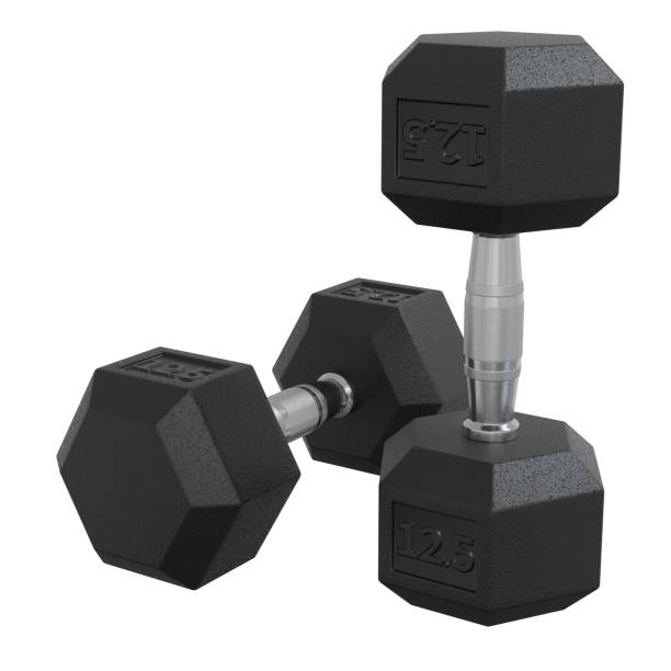 istock Two Hex Dumbbells with number 12.5, weightlifting gym equipment 2184596428