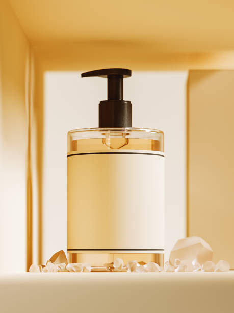 istock Cosmetic mockup bottle. Liquid soap bottle with empty label on yellow background. Product mockup. Packshot. 2184597269