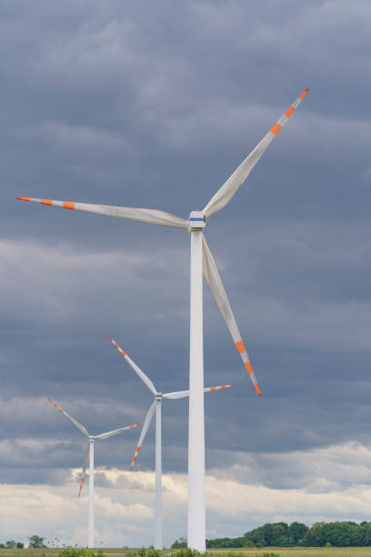 A view of windmills generating electricity from renewable energy sources against the backdrop of meadows and clouds.