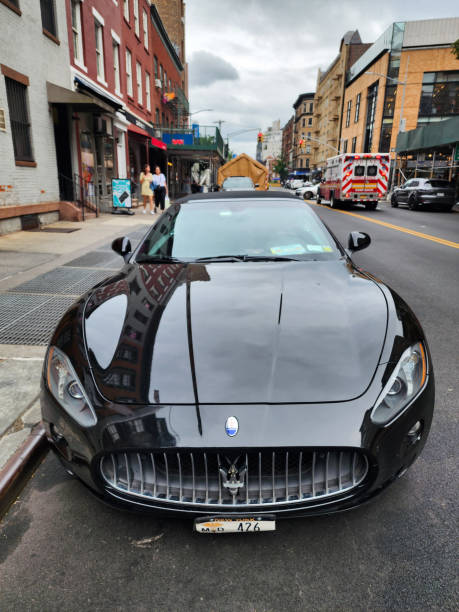 New York City, USA - August 04, 2023: Maserati GranTurismo cabriolet parked car 2012, front angle view.