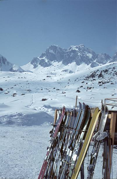 Ischgl, Austria, 1967. Skis on a rack at a ski slope in the Austrian Alps.