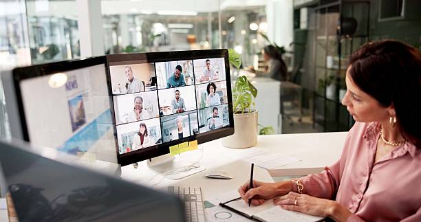 istock Video call, computer and business woman with writing, notes and creative training on screen in startup. Webinar, online conference and copywriter with notebook, group and virtual chat or news meeting 2184599843