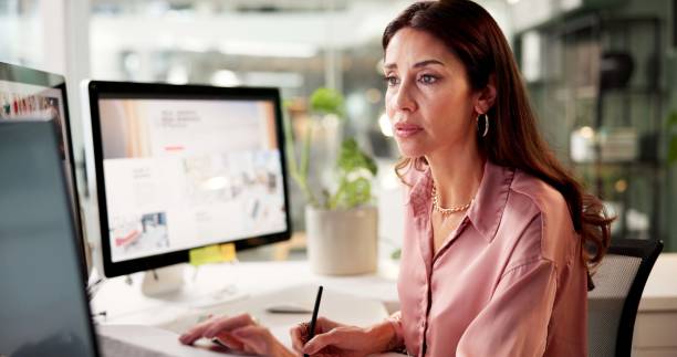 istock Drawing, computer and business woman with thinking, notes and creative training on screen in startup. Brainstorming, online search and artist with project, proposal and research for internet news 2184599855