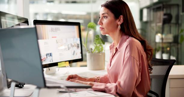 istock Ideas, computer and business woman with thinking, notes and creative training on screen in startup. Brainstorming, online search and copywriter with project, proposal and research for internet news 2184599859