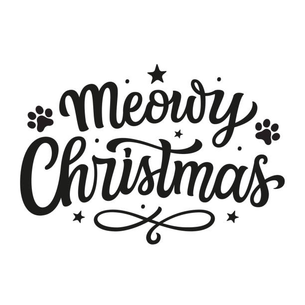 Meowy Christmas. Hand lettering quote isolated on white background. Vector typography for cat lover Christmas t shirts, home decor, posters, cards, web, social media