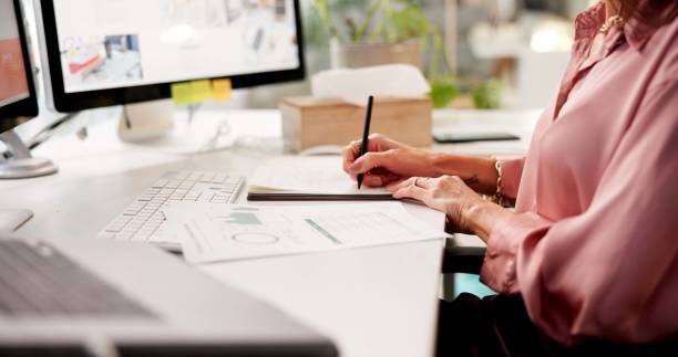 istock Hands, computer and business woman with writing, notes and creative training on screen in startup. Documents, online research and copywriter with notebook, graphs and planning for news meeting 2184599913
