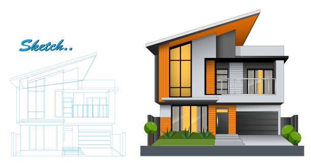 istock Template of Modern Minimalist House Design with Blueprint Sketch 2184601335