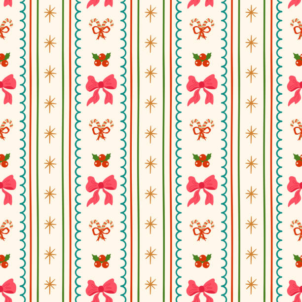 illustrations, cliparts, dessins animés et icônes de motif sans couture coquette de noël avec noeud rose, rubans, rayures verticales. vector grandmillennial fond d’écran - papier peint noel