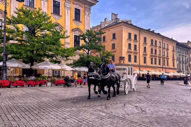 Krakow, Poland - August 02, 2024 : View of a horse carriage ride in front of buildings in downtown