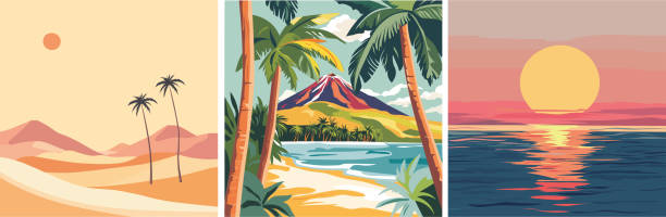 Set of vacation vector cards. Vacation vector Images. Sunrise over the Sea. Palm trees in the Desert. Palm trees sea and volcano. desert-oasis stock illustrations