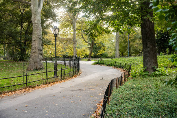 istock Sidewalk Scene in Central Park with Lush Green Foliage 2184613412