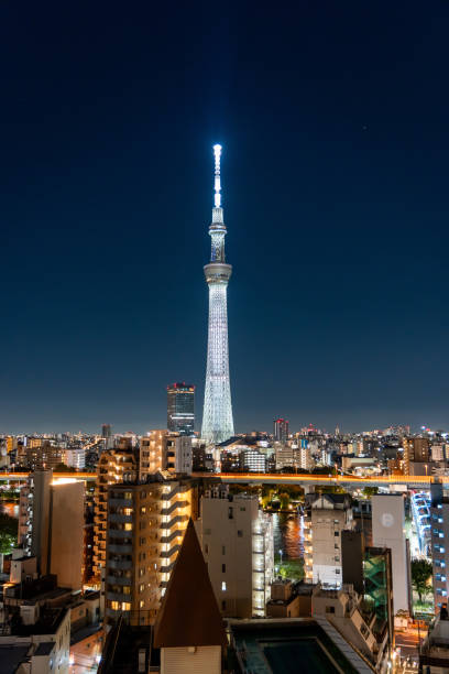A stunning night view of the Tokyo Skytree glowing brightly against a dark blue sky, surrounded by the illuminated Tokyo cityscape. This photograph captures the modern beauty of Tokyo’s skyline and the architectural marvel of the Skytree, one of Japan's iconic landmarks. Ideal for themes related to travel, urban landscapes, and Japanese culture.