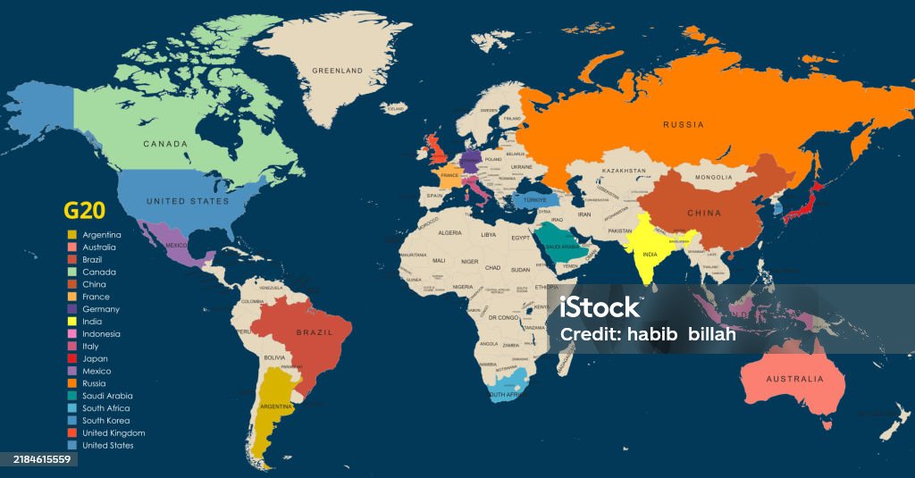 Gl20 Countries Colorcoded World Map Highlighting G20 Countries With Names Stock ...