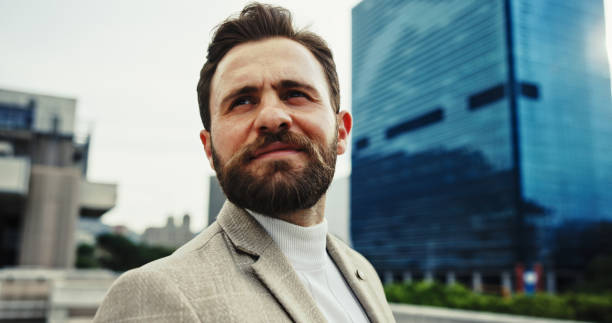 istock Idea, thinking and businessman in city for vision, insight and mindset for solution. Future, urban professional and planning outdoor for real estate development, decision and investment opportunity 2184617187