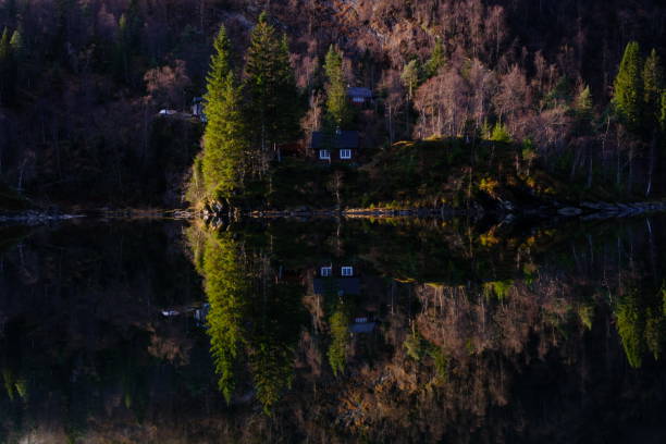 A cabin in the forest is reflected in the water
