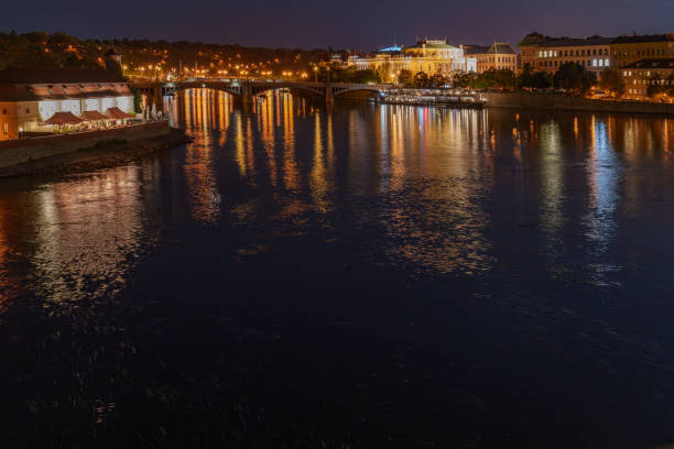 Panoramic view of Prague during a warm autumn night after sunset