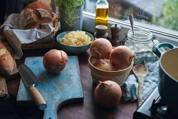 Preparing French Onion Soup in Domestic Kitchen