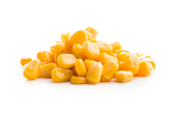 Canned sweet corn isolated on a white background.
