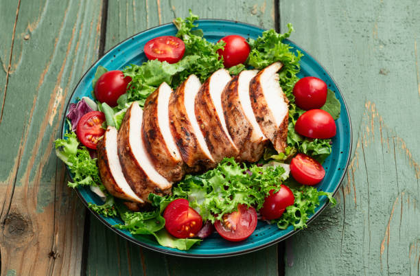 istock Grilled chicken breast ( fillet ) with lattuce salad and cherry tomatoes . Top view 2184627956